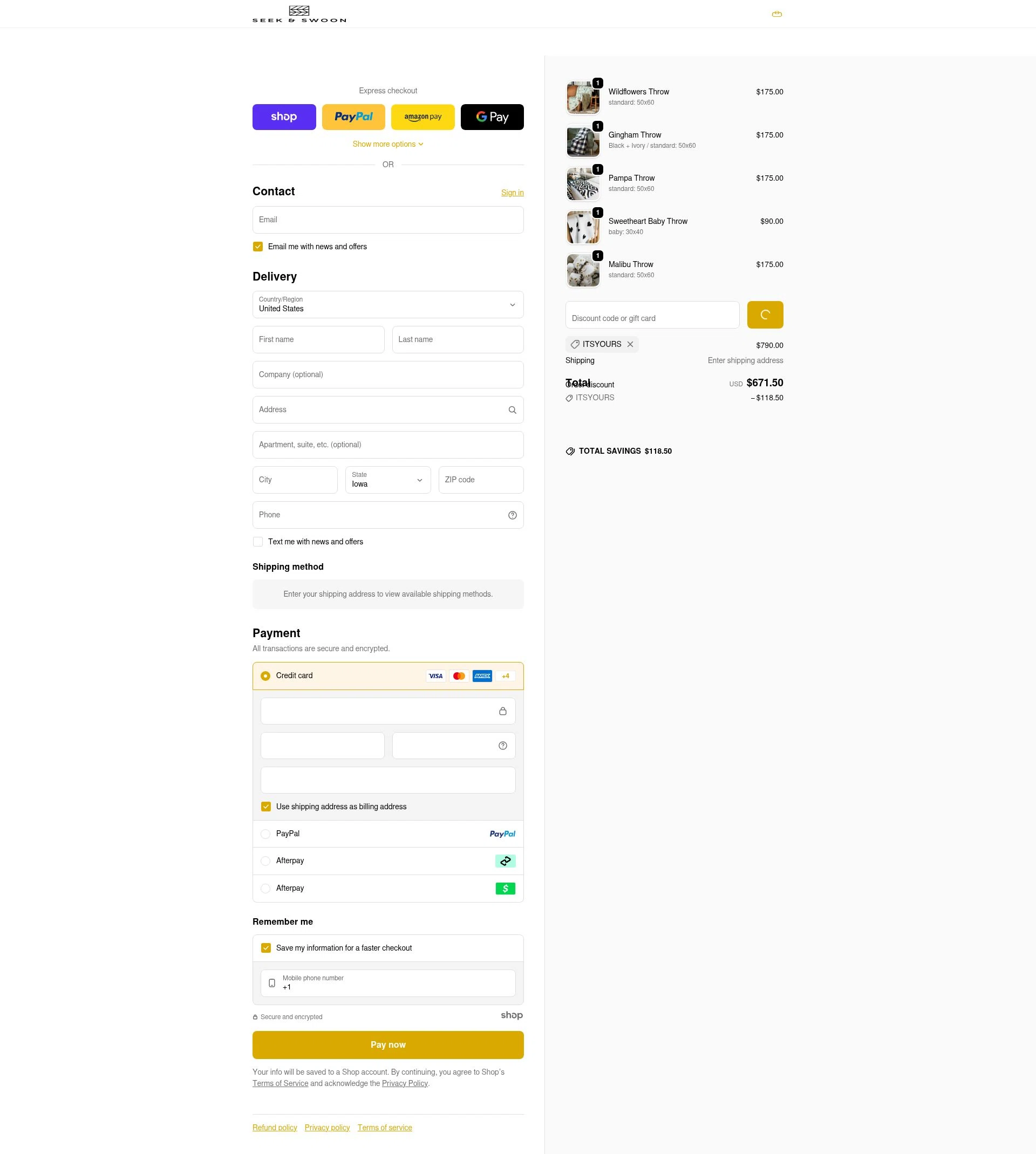Seek & Swoon checkout page showing Seek & Swoon promo code box | Screenshot taken by SimplyCodes community member on Dec 28, 2025