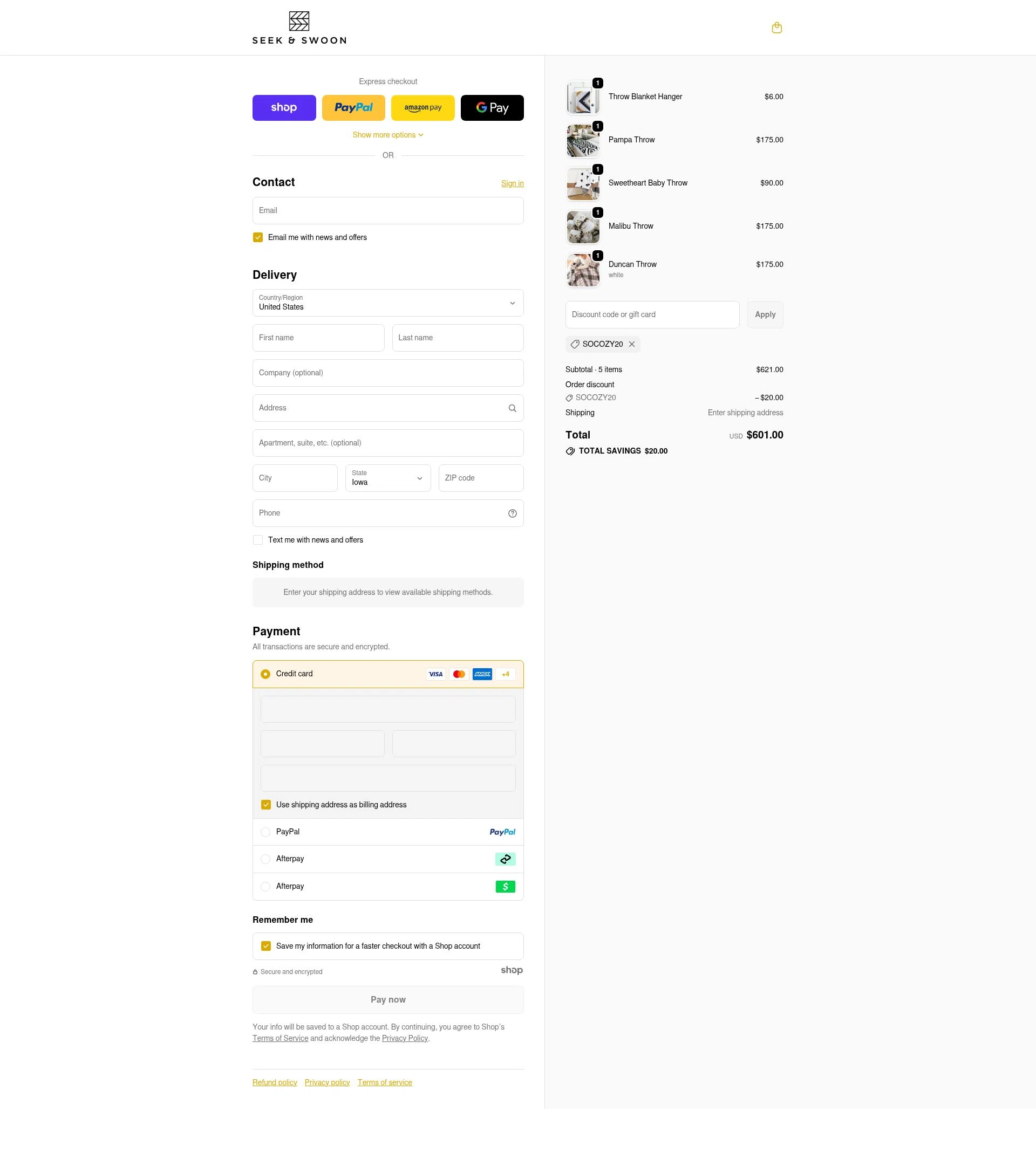 Seek & Swoon checkout page showing Seek & Swoon promo code box | Screenshot taken by SimplyCodes community member on Nov 19, 2025
