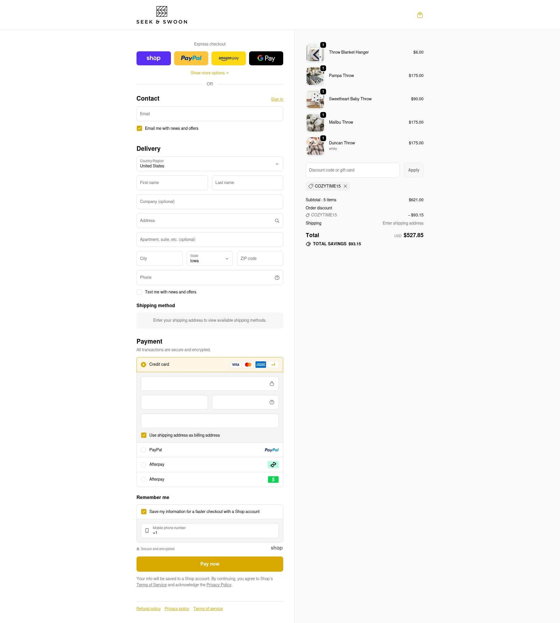 Seek & Swoon checkout page showing Seek & Swoon promo code box | Screenshot taken by SimplyCodes community member on Nov 14, 2025