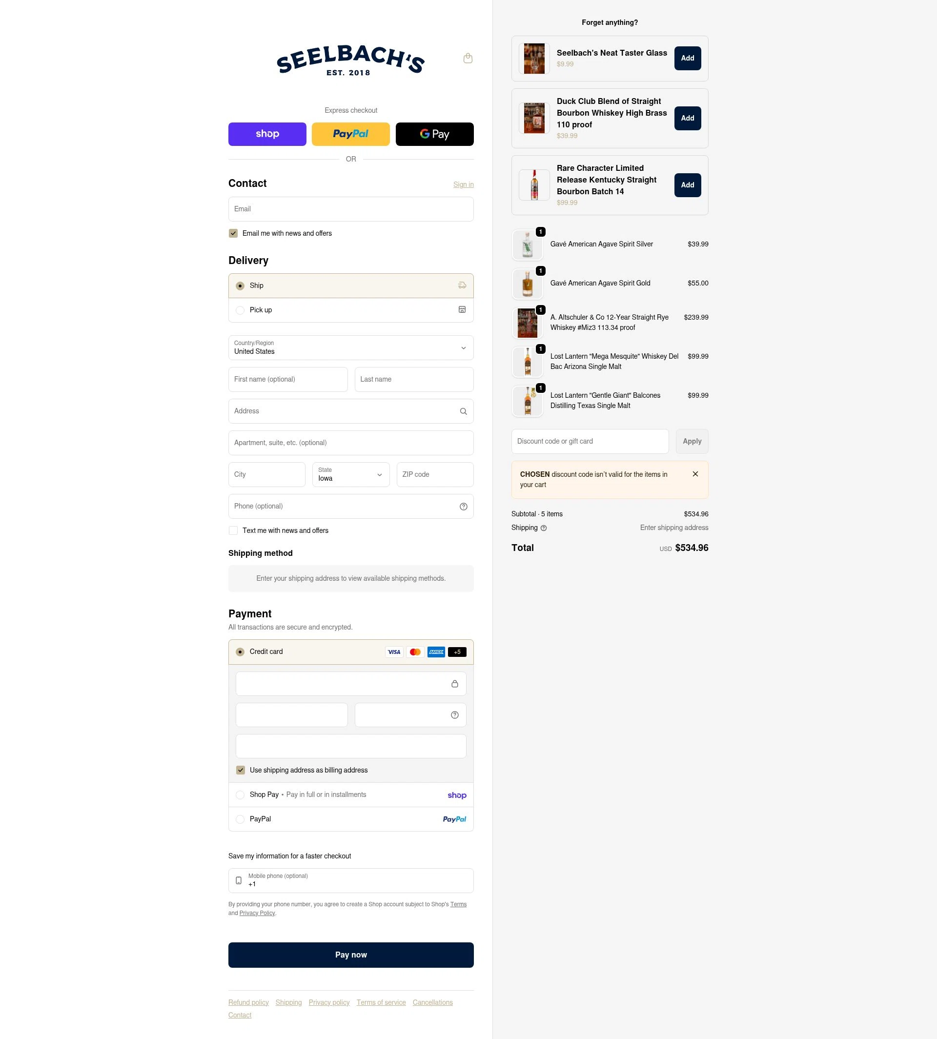 Seelbach's checkout page showing Seelbach's discount code box | Screenshot taken by SimplyCodes community member on Feb 1, 2026