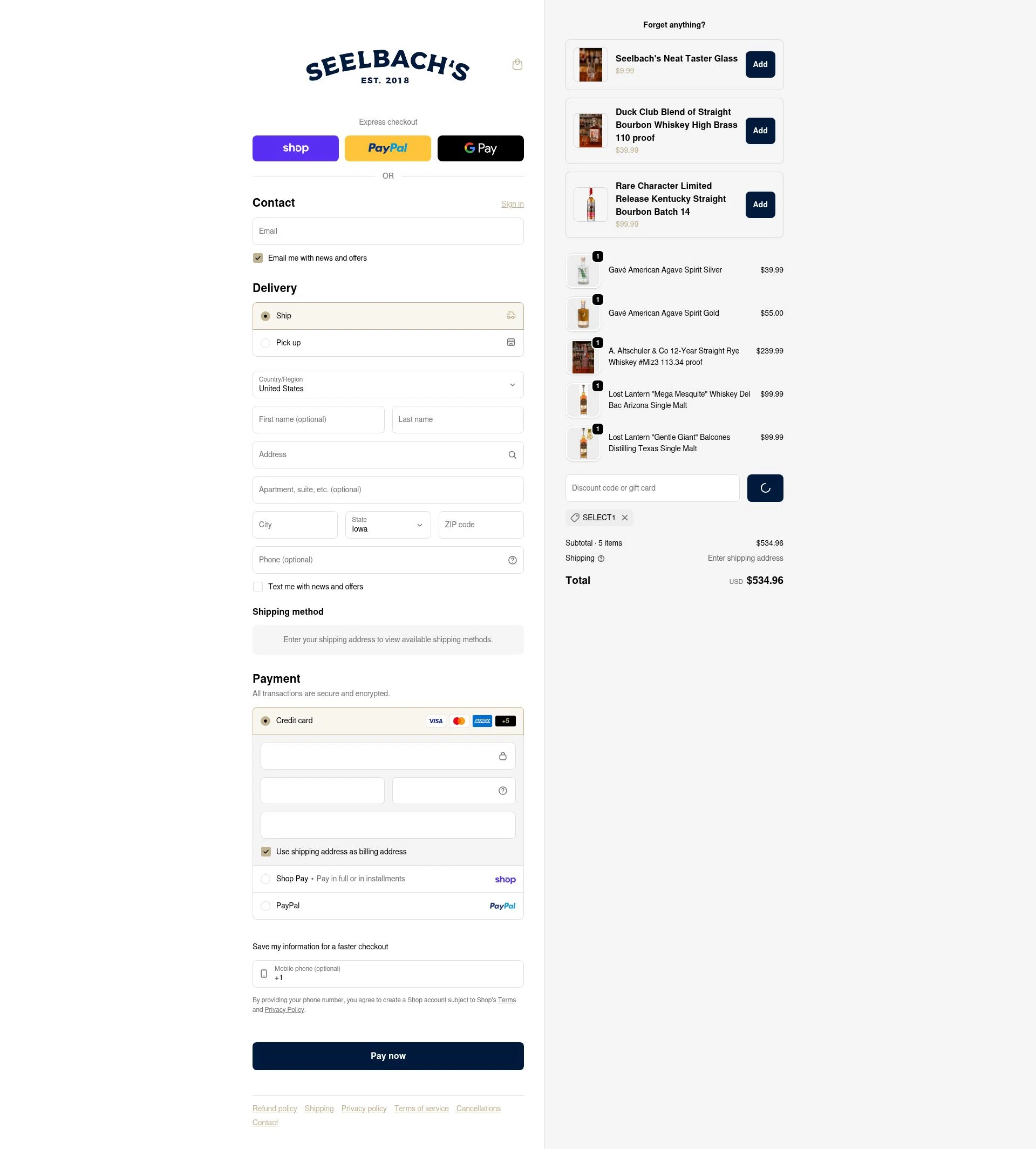 Seelbach's checkout page showing Seelbach's discount code box | Screenshot taken by SimplyCodes community member on Feb 5, 2026