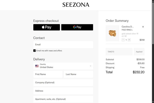 Seezona checkout page showing Seezona promo code box | Screenshot taken by SimplyCodes community member on Aug 12, 2025