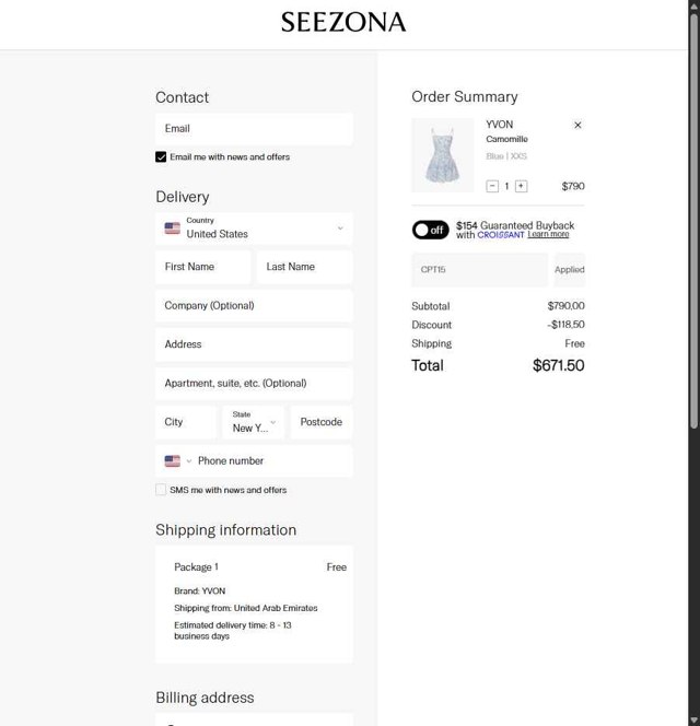 Seezona checkout page showing Seezona promo code box | Screenshot taken by SimplyCodes community member on Jul 1, 2025