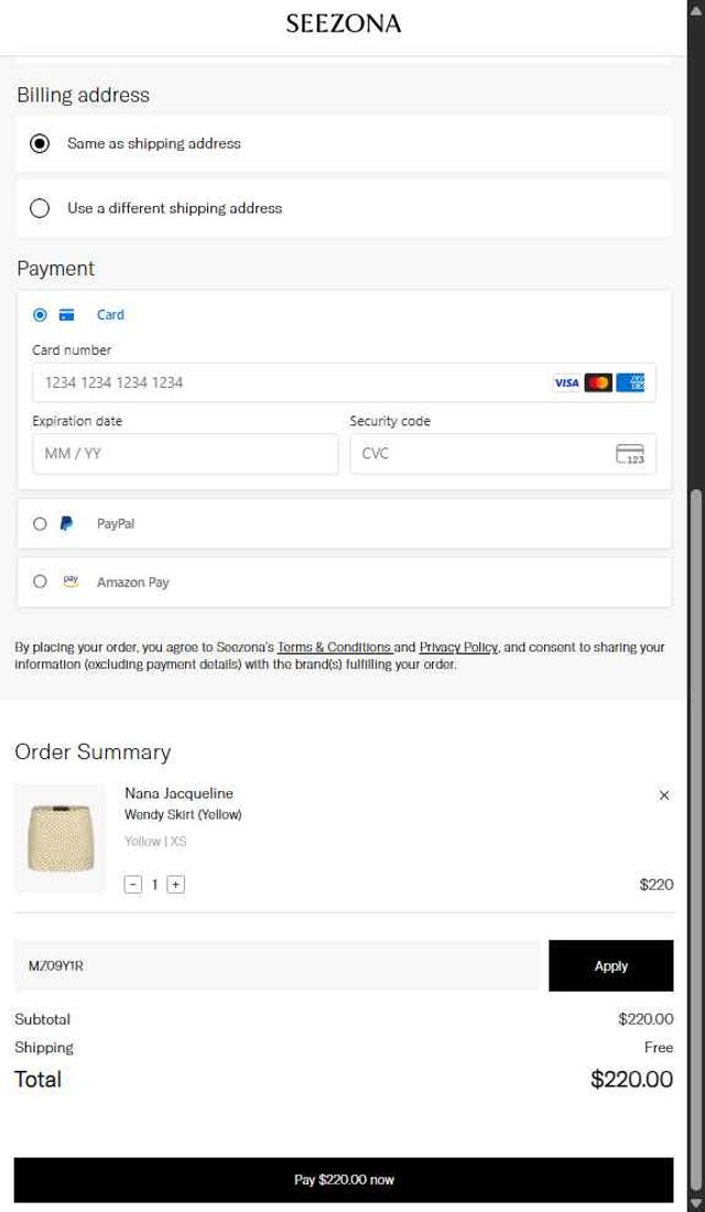 Seezona checkout page showing Seezona promo code box | Screenshot taken by SimplyCodes community member on Aug 23, 2025