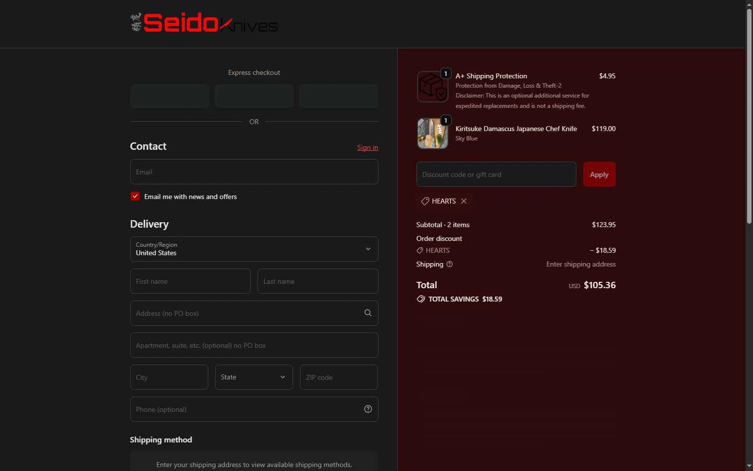 Seido Knives checkout page showing Seido Knives discount code box | Screenshot taken by SimplyCodes community member on Feb 4, 2026