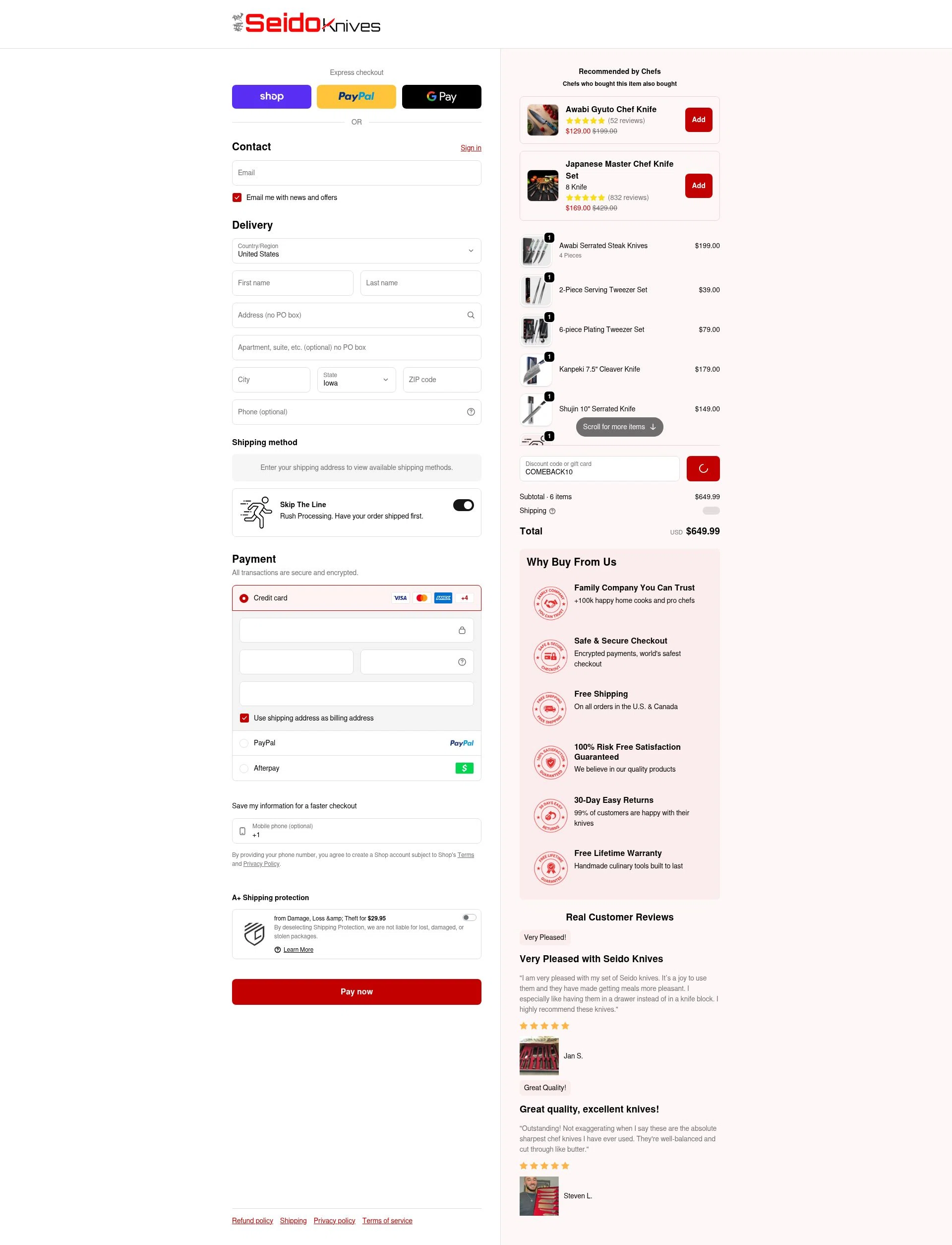 Seido Knives checkout page showing Seido Knives discount code box | Screenshot taken by SimplyCodes community member on Feb 1, 2026