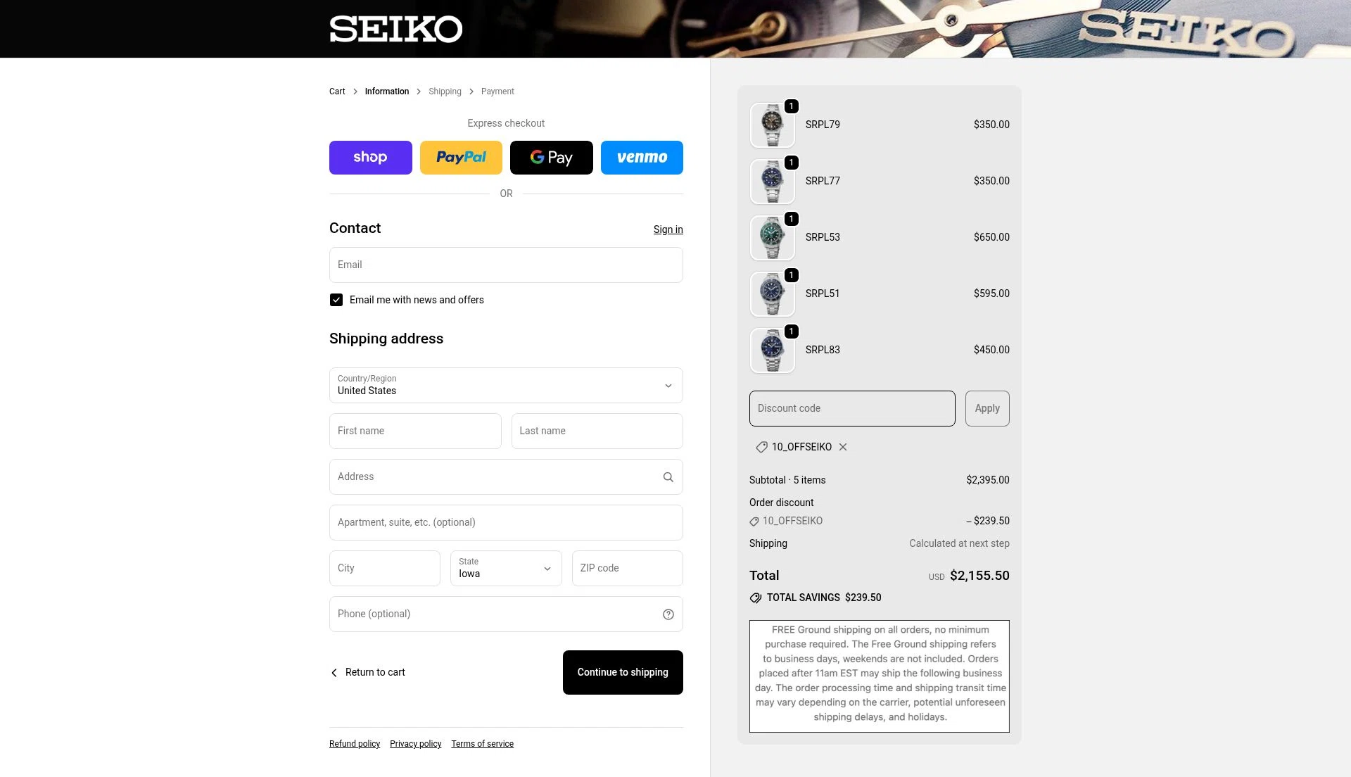Seiko checkout page showing Seiko discount code box | Screenshot taken by SimplyCodes community member on Sep 21, 2025