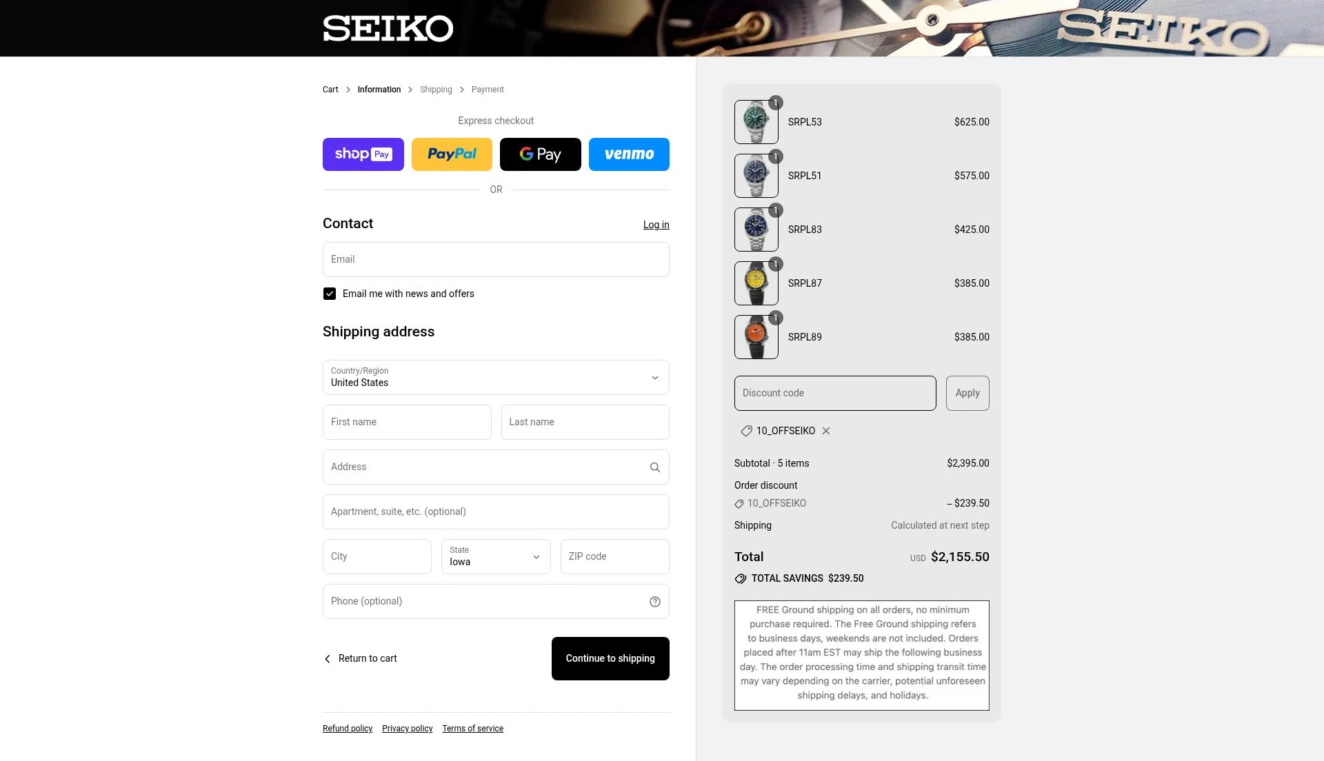 Seiko checkout page showing Seiko discount code box | Screenshot taken by SimplyCodes community member on Aug 17, 2025