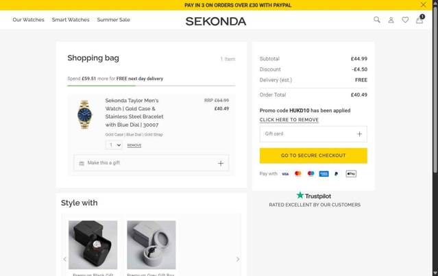 Sekonda checkout page showing Sekonda promo code box | Screenshot taken by SimplyCodes community member on Jul 16, 2025