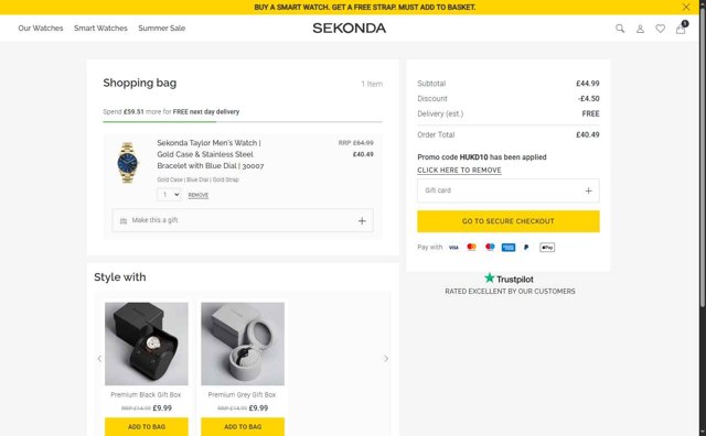 Sekonda checkout page showing Sekonda promo code box | Screenshot taken by SimplyCodes community member on Jul 16, 2025