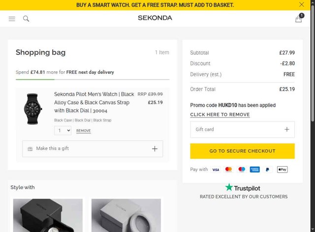 Sekonda checkout page showing Sekonda promo code box | Screenshot taken by SimplyCodes community member on Jul 16, 2025