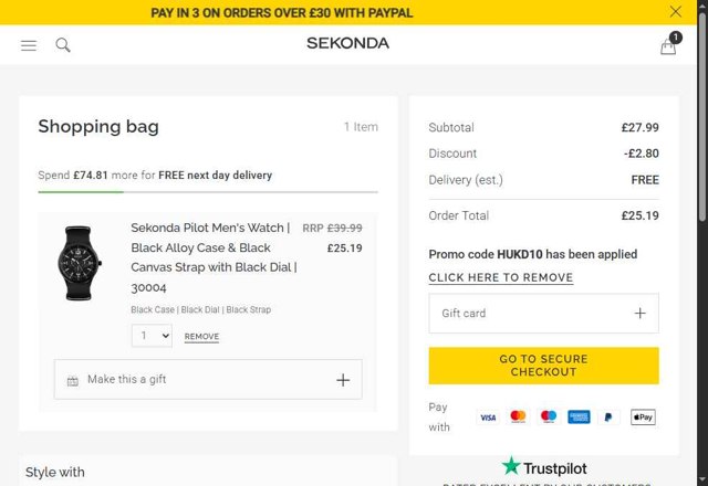 Sekonda checkout page showing Sekonda promo code box | Screenshot taken by SimplyCodes community member on Jul 16, 2025