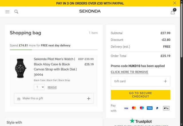 Sekonda checkout page showing Sekonda promo code box | Screenshot taken by SimplyCodes community member on Jul 16, 2025