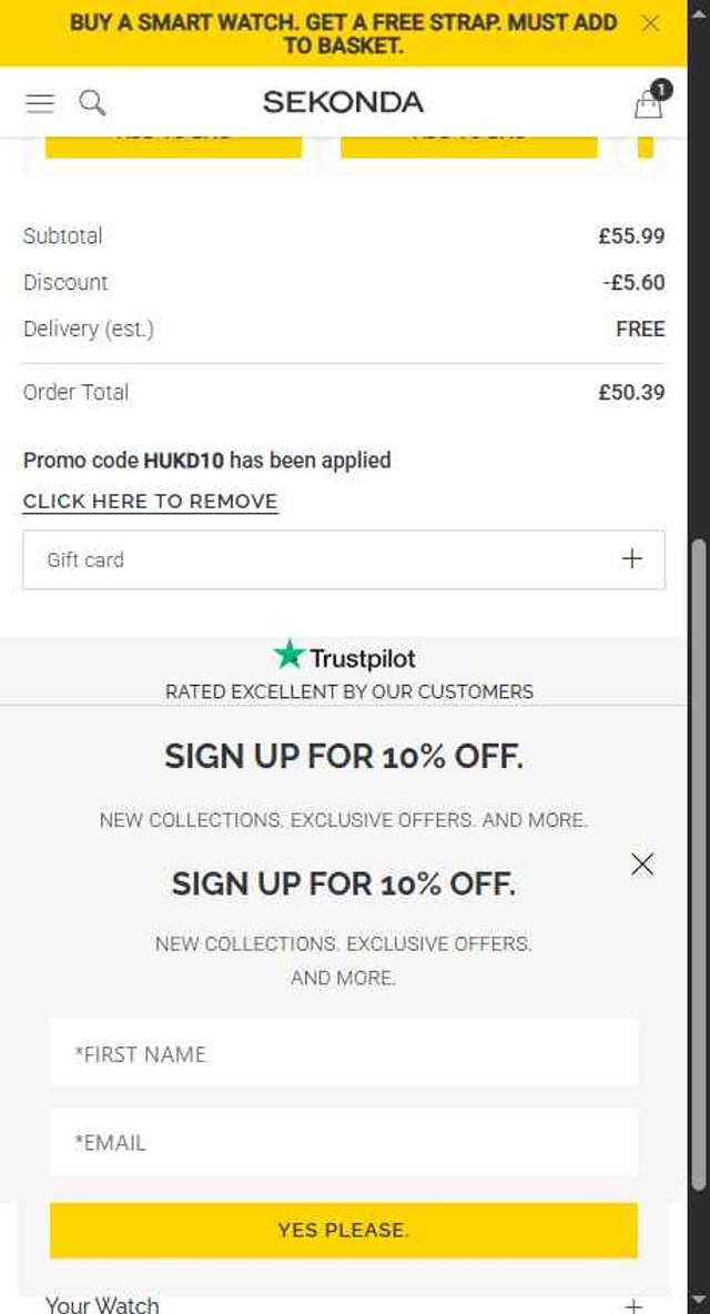 Sekonda checkout page showing Sekonda promo code box | Screenshot taken by SimplyCodes community member on Jul 16, 2025