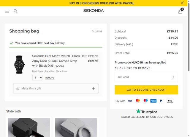 Sekonda checkout page showing Sekonda promo code box | Screenshot taken by SimplyCodes community member on Jul 16, 2025