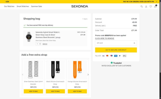 Sekonda checkout page showing Sekonda promo code box | Screenshot taken by SimplyCodes community member on Jul 31, 2025