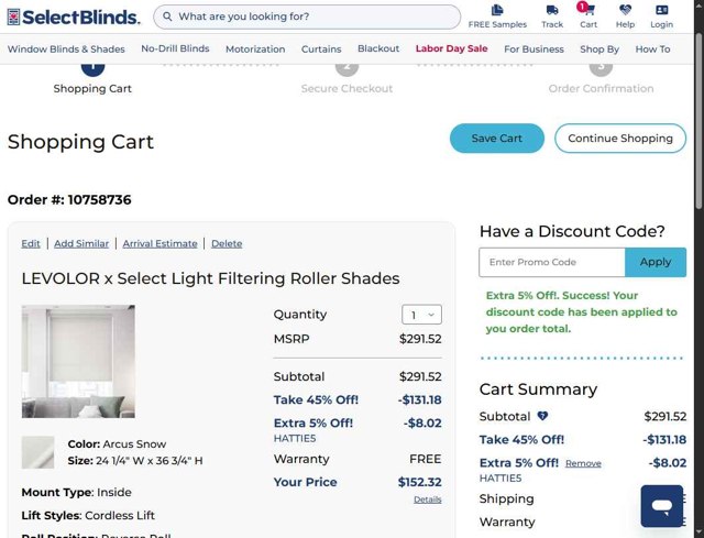 SelectBlinds checkout page showing SelectBlinds promo code box | Screenshot taken by SimplyCodes community member on Sep 2, 2025