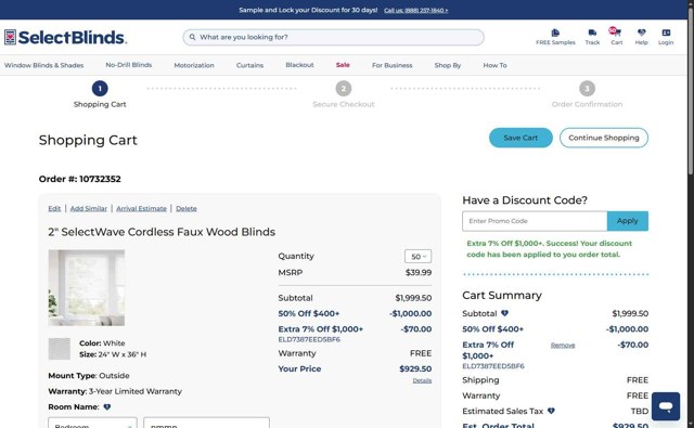 SelectBlinds checkout page showing SelectBlinds promo code box | Screenshot taken by SimplyCodes community member on Aug 21, 2025