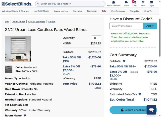 SelectBlinds checkout page showing SelectBlinds promo code box | Screenshot taken by SimplyCodes community member on Sep 4, 2025