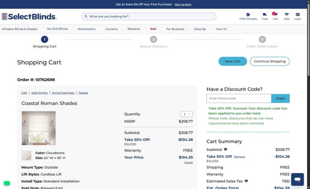 SelectBlinds checkout page showing SelectBlinds promo code box | Screenshot taken by SimplyCodes community member on Sep 4, 2025