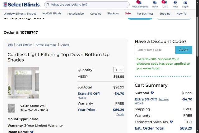 SelectBlinds checkout page showing SelectBlinds promo code box | Screenshot taken by SimplyCodes community member on Sep 6, 2025