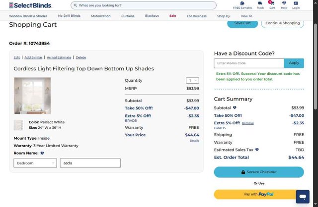 SelectBlinds checkout page showing SelectBlinds promo code box | Screenshot taken by SimplyCodes community member on Aug 27, 2025