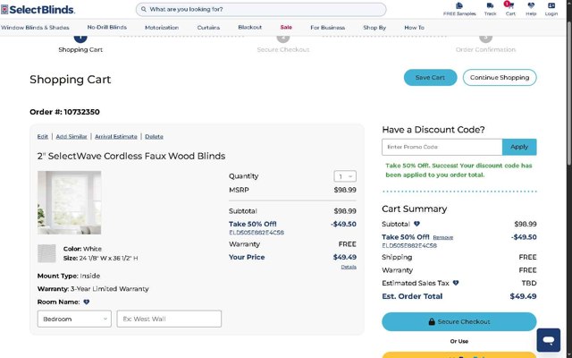 SelectBlinds checkout page showing SelectBlinds promo code box | Screenshot taken by SimplyCodes community member on Aug 21, 2025