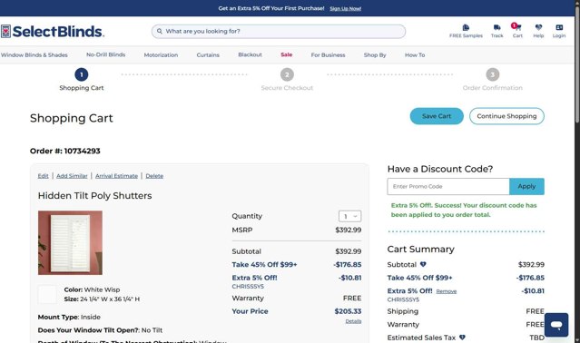 SelectBlinds checkout page showing SelectBlinds promo code box | Screenshot taken by SimplyCodes community member on Aug 22, 2025