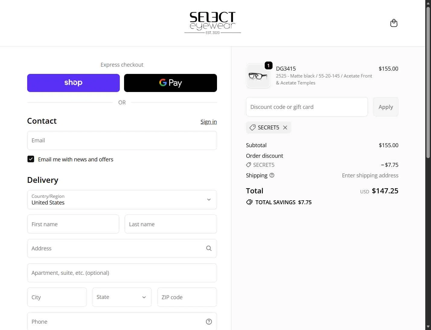 Select Eyewear checkout page showing Select Eyewear discount code box | Screenshot taken by SimplyCodes community member on Feb 13, 2026