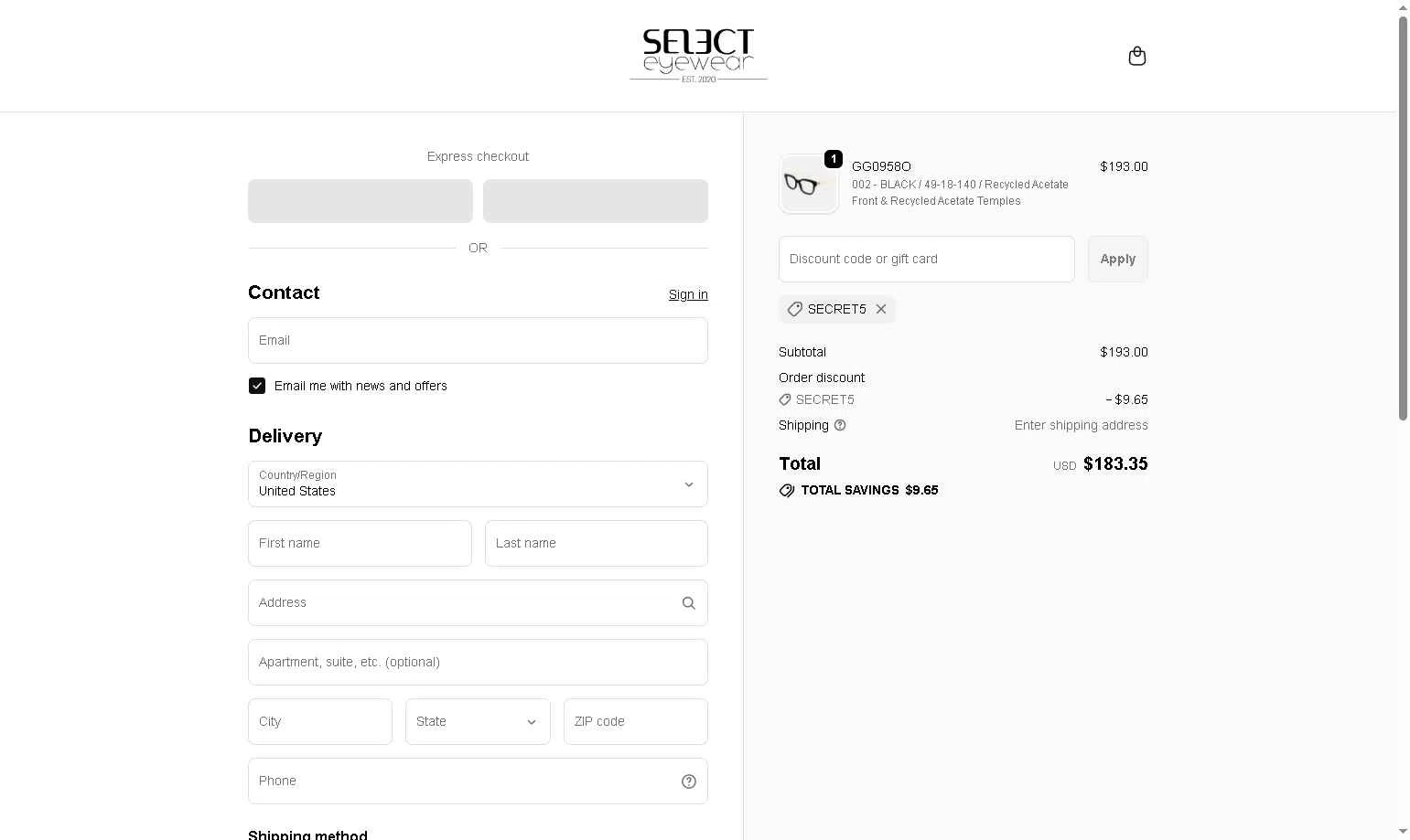 Select Eyewear checkout page showing Select Eyewear discount code box | Screenshot taken by SimplyCodes community member on Feb 13, 2026