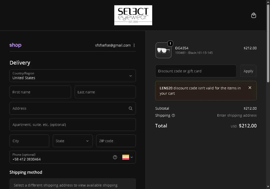 Select Eyewear checkout page showing Select Eyewear discount code box | Screenshot taken by SimplyCodes community member on Dec 29, 2025