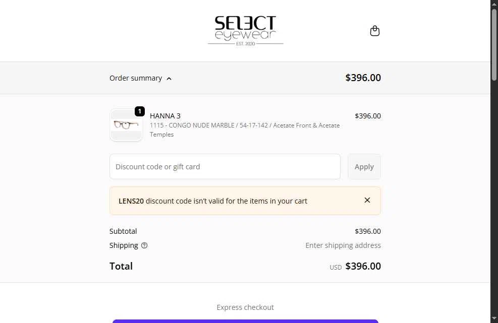 Select Eyewear checkout page showing Select Eyewear discount code box | Screenshot taken by SimplyCodes community member on Dec 17, 2025