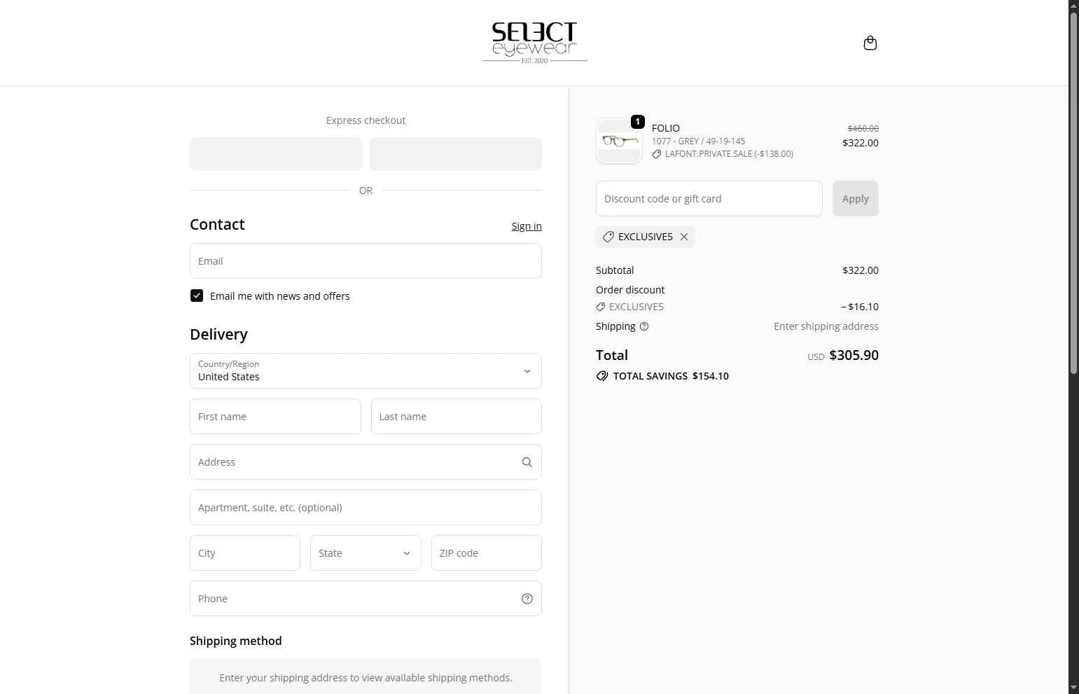 Select Eyewear checkout page showing Select Eyewear discount code box | Screenshot taken by SimplyCodes community member on Jan 30, 2026