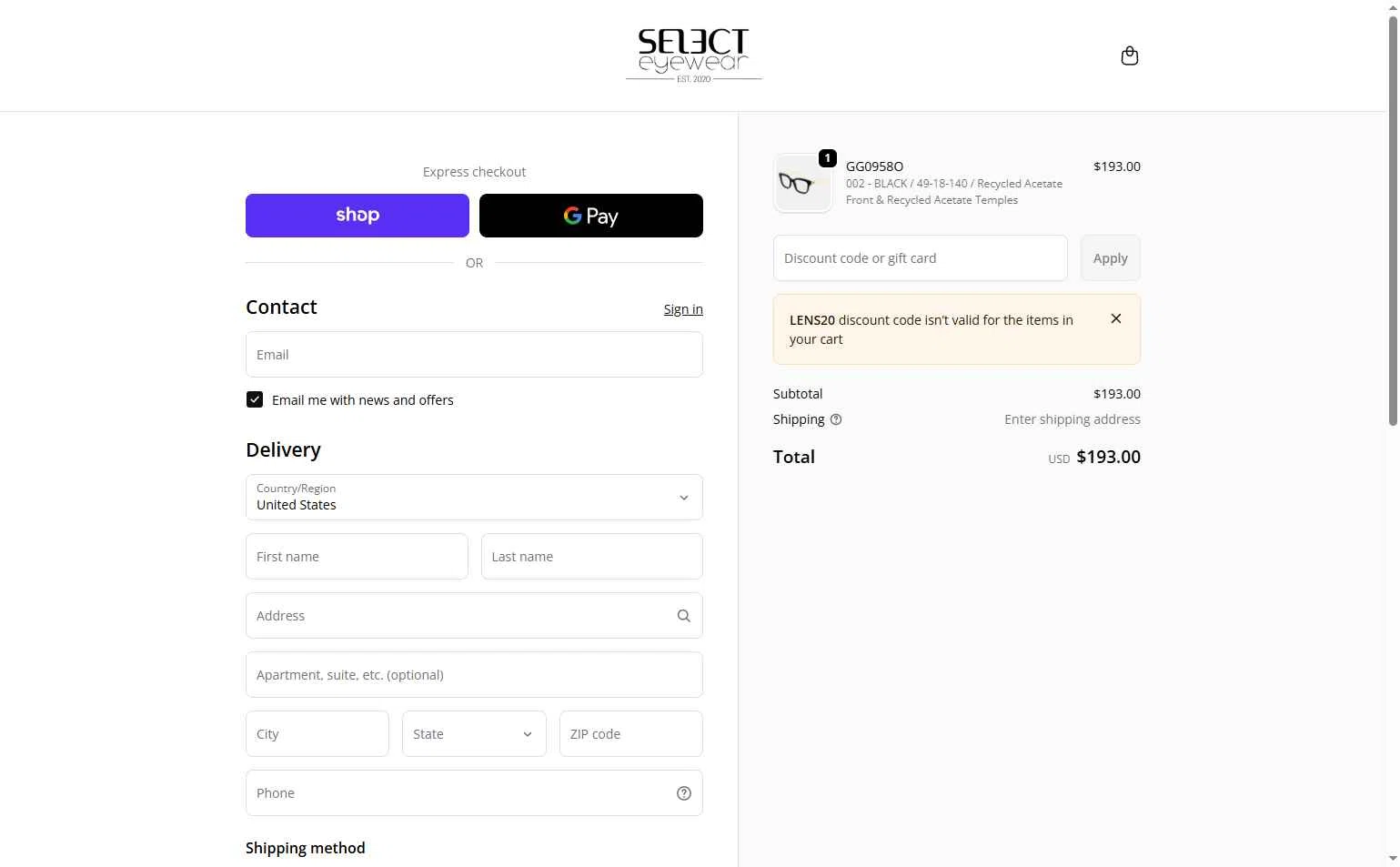 Select Eyewear checkout page showing Select Eyewear discount code box | Screenshot taken by SimplyCodes community member on Jan 25, 2026