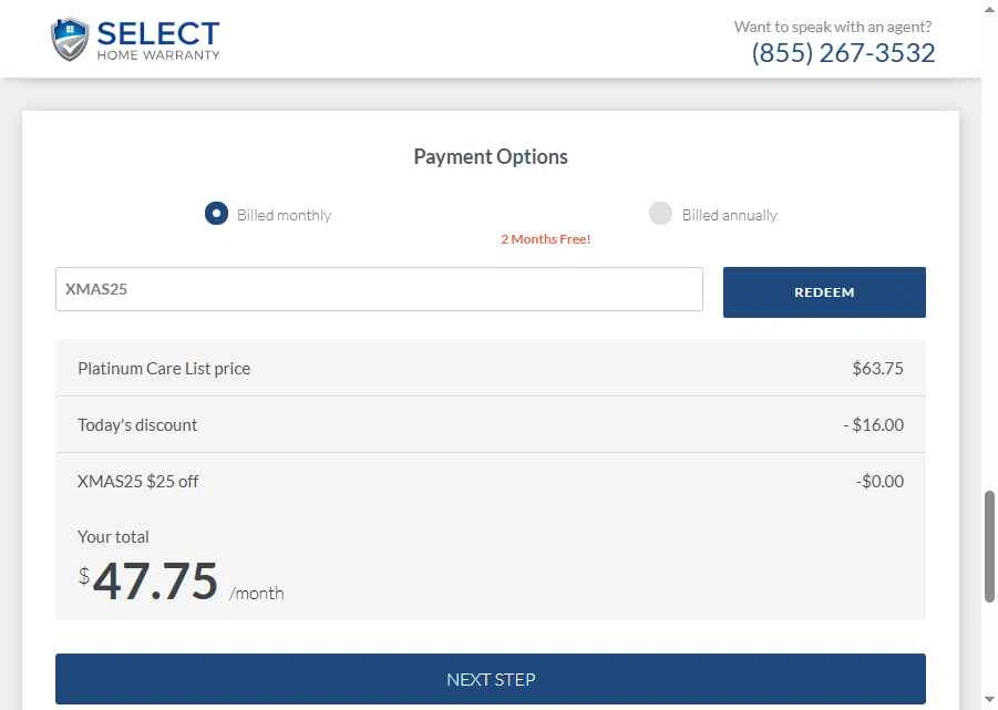 Select Home Warranty checkout page showing Select Home Warranty promo code box | Screenshot taken by SimplyCodes community member on Jul 13, 2025