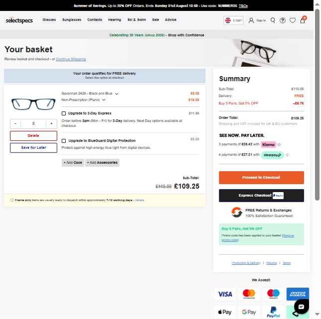 SelectSpecs checkout page showing SelectSpecs promo code box | Screenshot taken by SimplyCodes community member on Aug 9, 2025