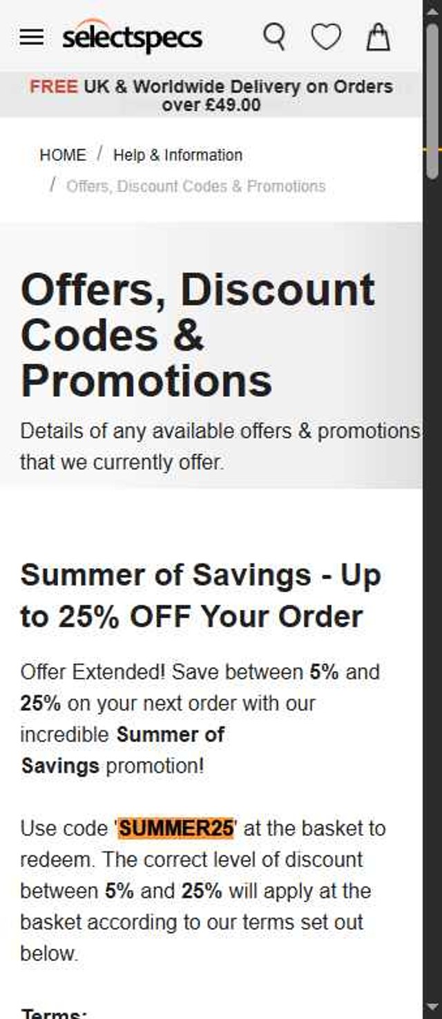 SelectSpecs checkout page showing SelectSpecs promo code box | Screenshot taken by SimplyCodes community member on Aug 12, 2025
