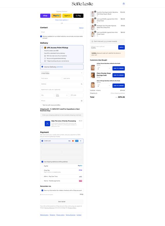 Selfie Leslie checkout page showing Selfie Leslie discount code box | Screenshot taken by SimplyCodes community member on Sep 12, 2025