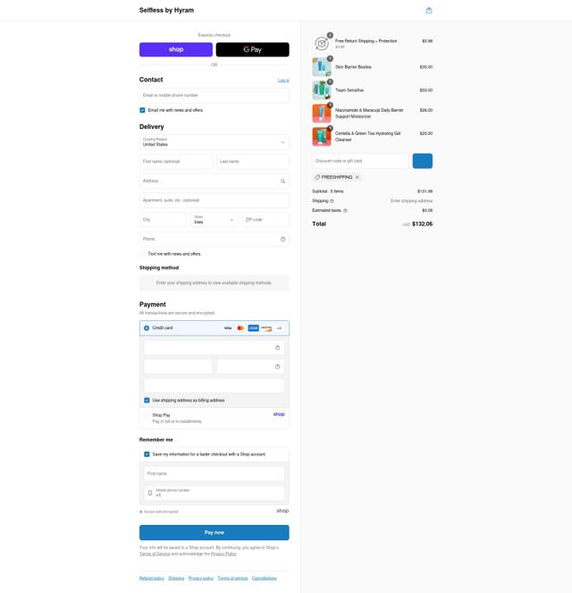 Selfless by Hyram checkout page showing Selfless by Hyram promo code box | Screenshot taken by SimplyCodes community member on Sep 8, 2025