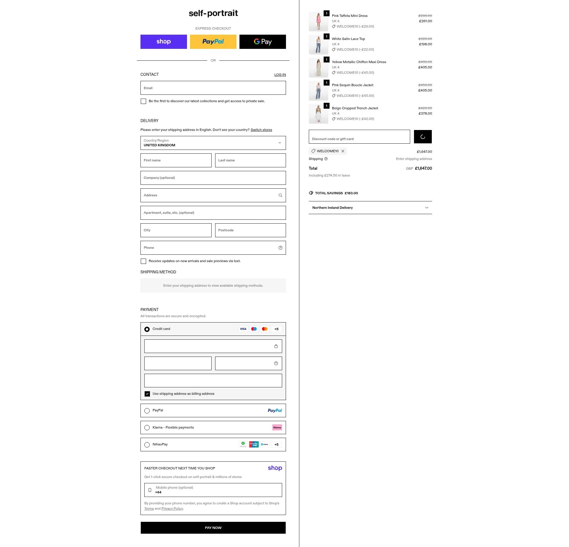 Self-portrait checkout page showing Self-portrait promo code box | Screenshot taken by SimplyCodes community member on Jan 17, 2026