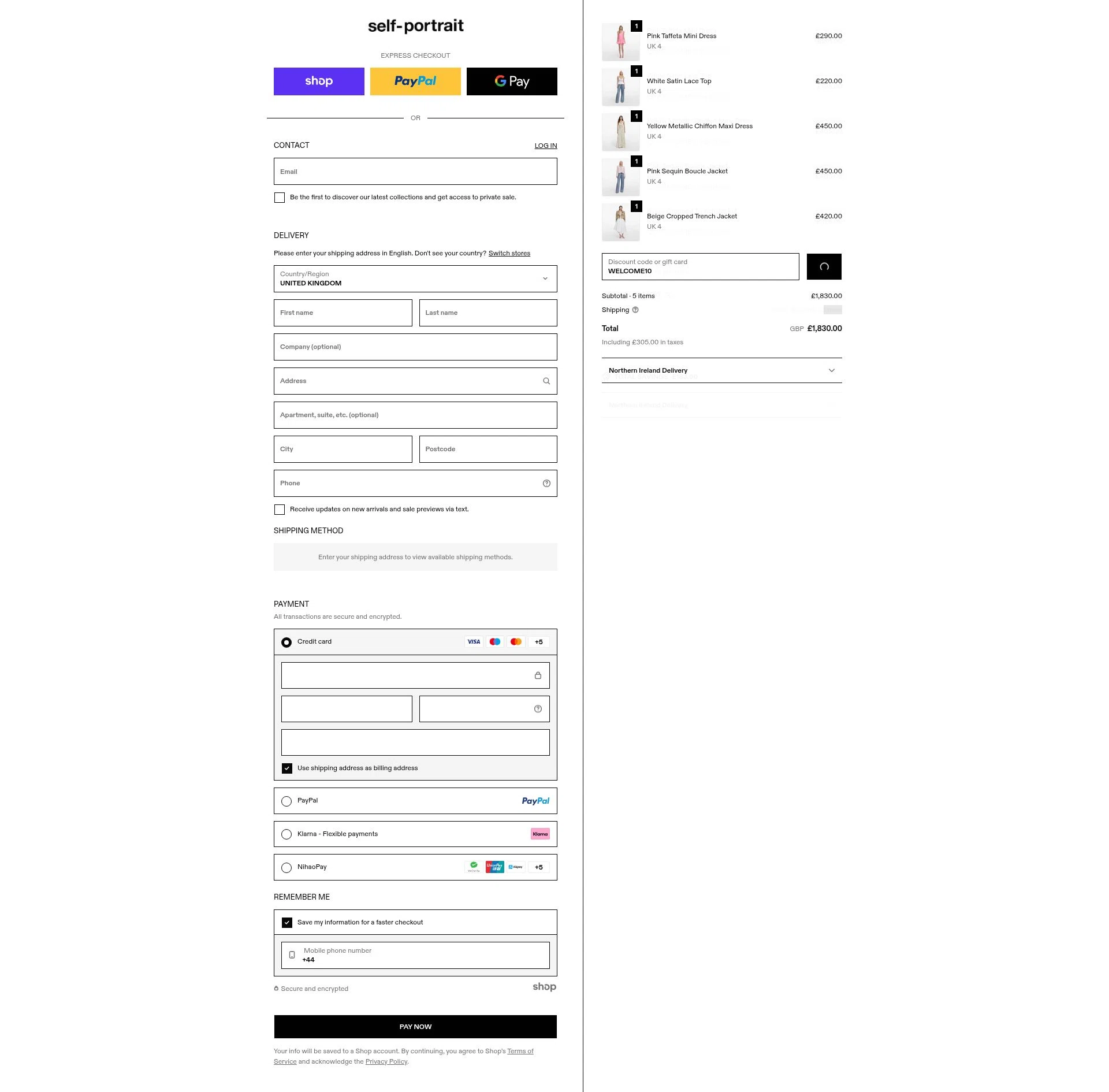 Self-portrait checkout page showing Self-portrait promo code box | Screenshot taken by SimplyCodes community member on Jan 27, 2026