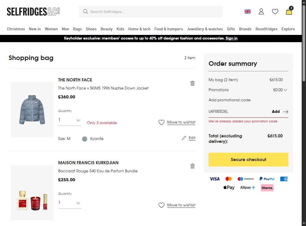 Selfridges checkout page showing Selfridges promo code box | Screenshot taken by SimplyCodes community member on Dec 10, 2025