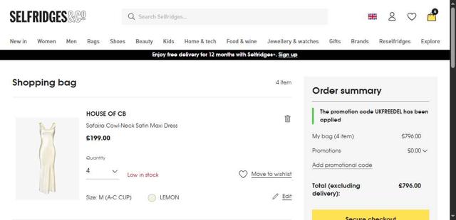 Selfridges checkout page showing Selfridges promo code box | Screenshot taken by SimplyCodes community member on Aug 4, 2025