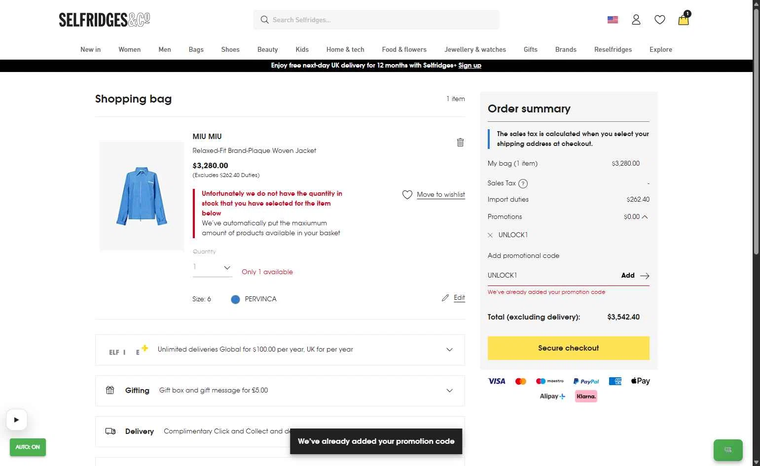 Selfridges checkout page showing Selfridges promo code box | Screenshot taken by SimplyCodes community member on Jan 18, 2026