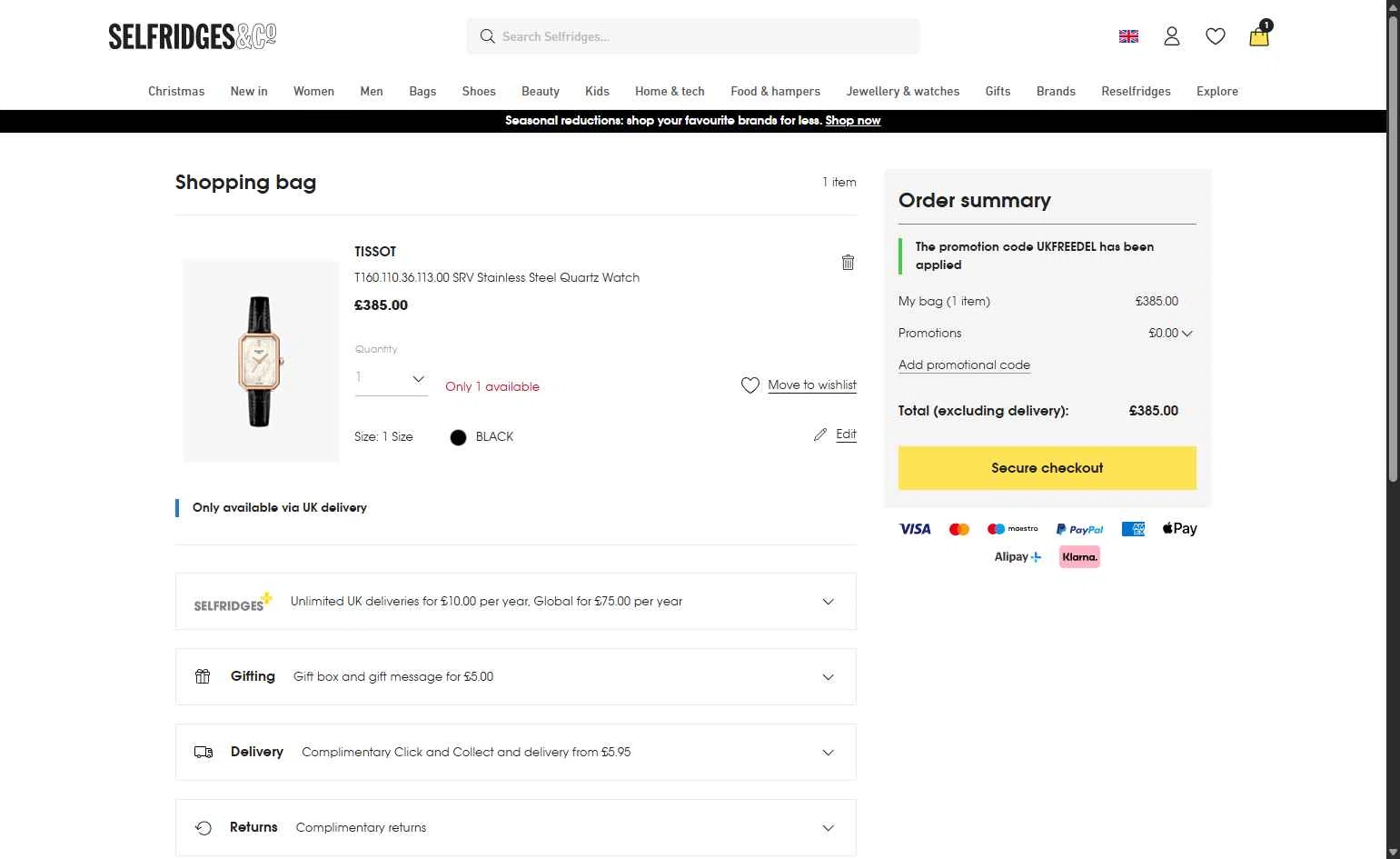 Selfridges checkout page showing Selfridges promo code box | Screenshot taken by SimplyCodes community member on Dec 16, 2025