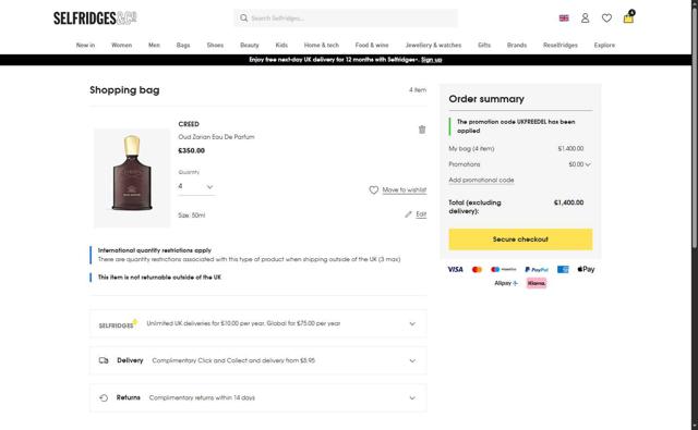 Selfridges checkout page showing Selfridges promo code box | Screenshot taken by SimplyCodes community member on Sep 8, 2025