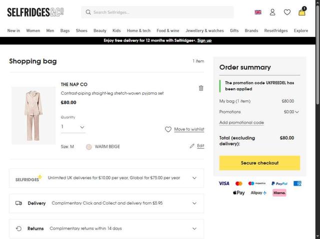 Selfridges checkout page showing Selfridges promo code box | Screenshot taken by SimplyCodes community member on Aug 26, 2025