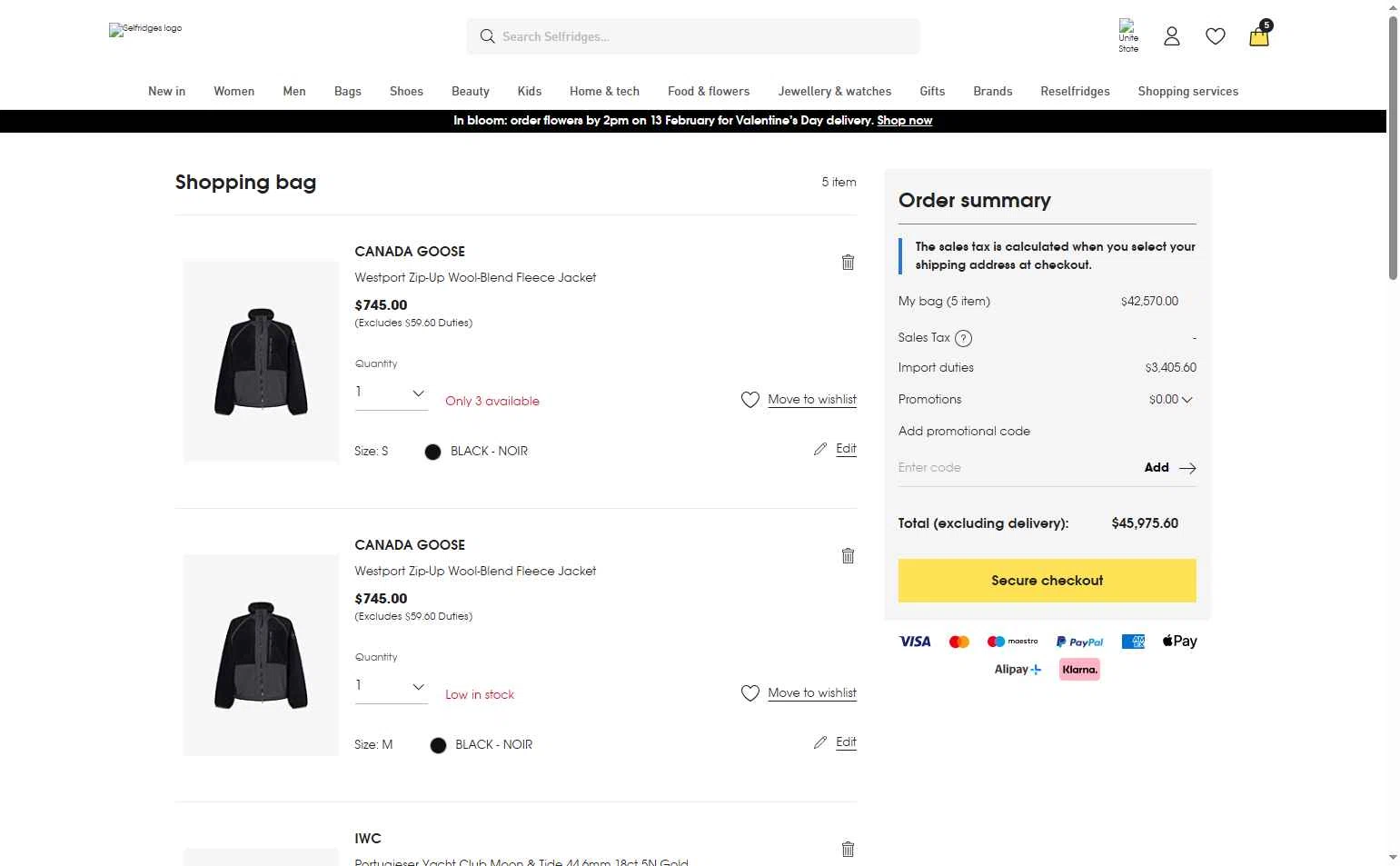 Selfridges checkout page showing Selfridges promo code box | Screenshot taken by SimplyCodes community member on Feb 11, 2026