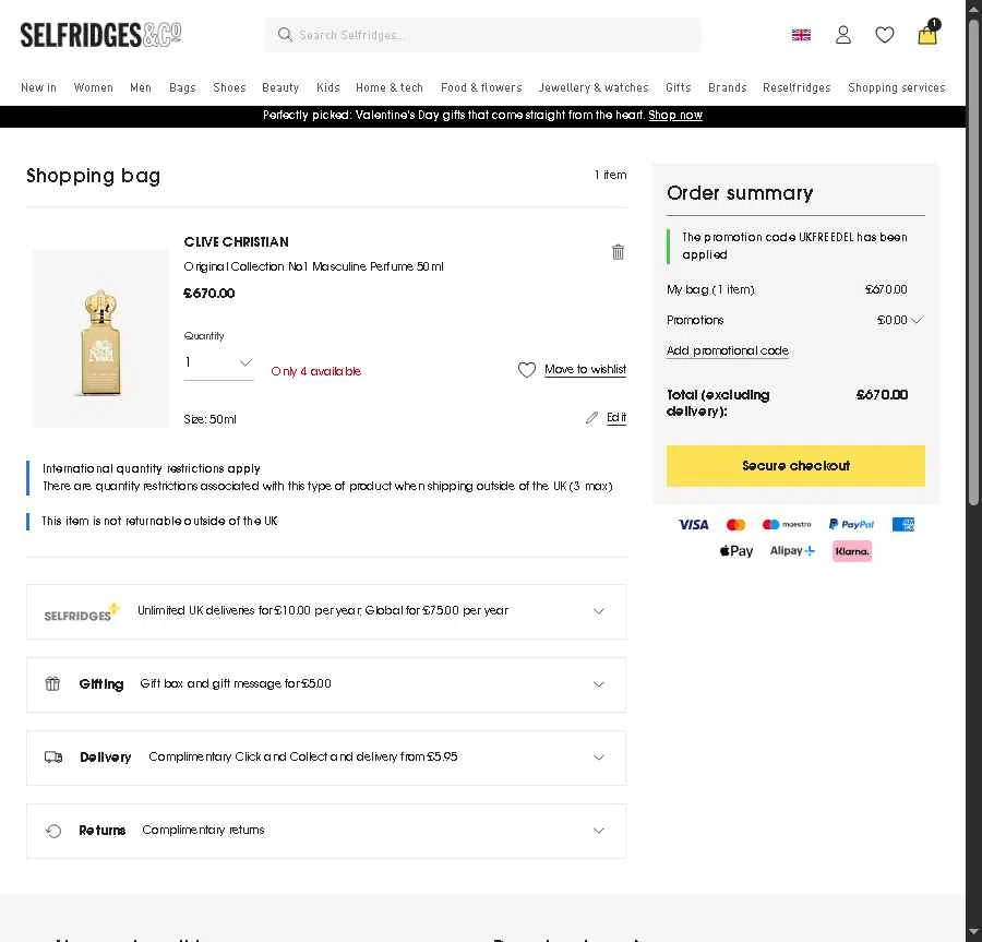 Selfridges checkout page showing Selfridges promo code box | Screenshot taken by SimplyCodes community member on Jan 22, 2026