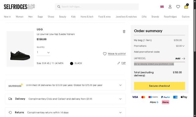 Selfridges checkout page showing Selfridges promo code box | Screenshot taken by SimplyCodes community member on Aug 30, 2025